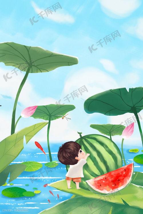 唐装插画吃瓜图片,趣味横生的市井生活画卷